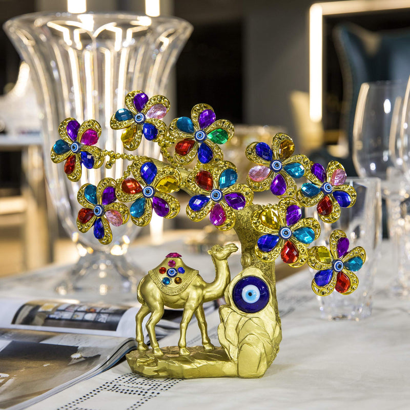 [AUSTRALIA] - YU FENG Turkish Blue Evil Eye Flowers Tree with Healing Chakra Gemstones and Camel Figurine for Good Luck Wealth Prosperity Home Office Decor Fengshui Protection Gift