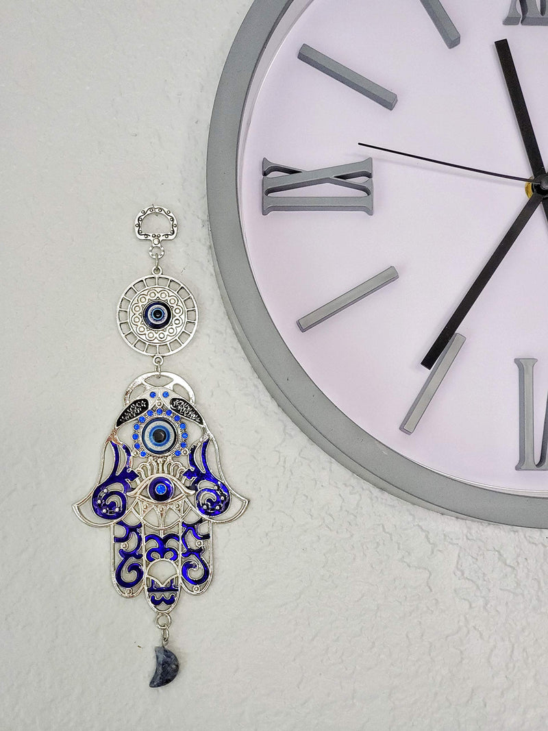  [AUSTRALIA] - LUCKBOOSTIUM - Inlaid Evil Eye in Ornate Hamsa Hand with Lucky Eye Circle, Hanging Sodalite Gemstone Half Moon Amulet, Happiness, Luck, Health, for Car, Office, Home, Great Gift, Silver, 3.1” x 8.5”