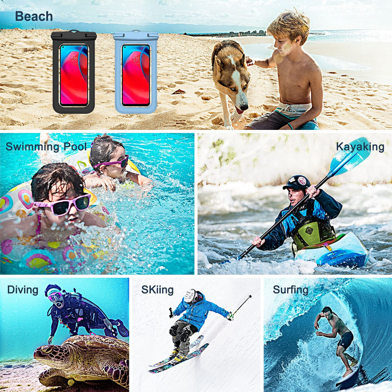  [AUSTRALIA] - Janmitta Universal Extra-Large Waterproof Pouch,Underwater Dry Bag for OnePlus Nord N200 5G,Moto G Stylus,Google Pixel 6 Pro and Other Phones Up to 7.0",IPX8 Waterproof Phone Case,2 Packs+2 lanyards Black+Blue 8.39x4.21*0.59 inches