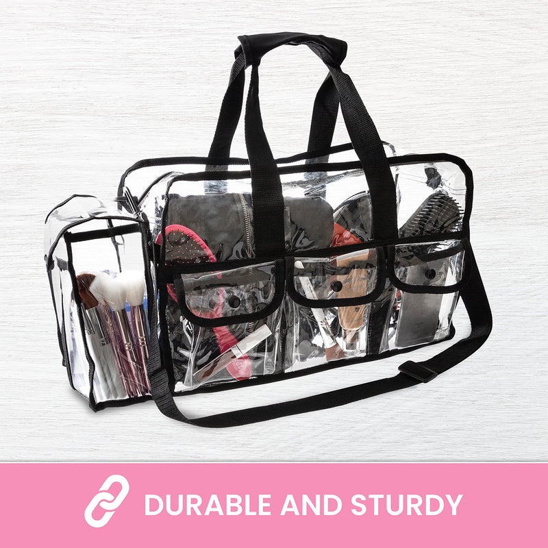 Premium Clear Makeup Organizer PVC Toiletry Bag 17 inch x 9 inch x 10 inch Transparent Cosmetic Bag for Women Sturdy Zipper and 4 External Pockets for Toiletries Adjustable Strap Large Makeup Bag - LeoForward Australia
