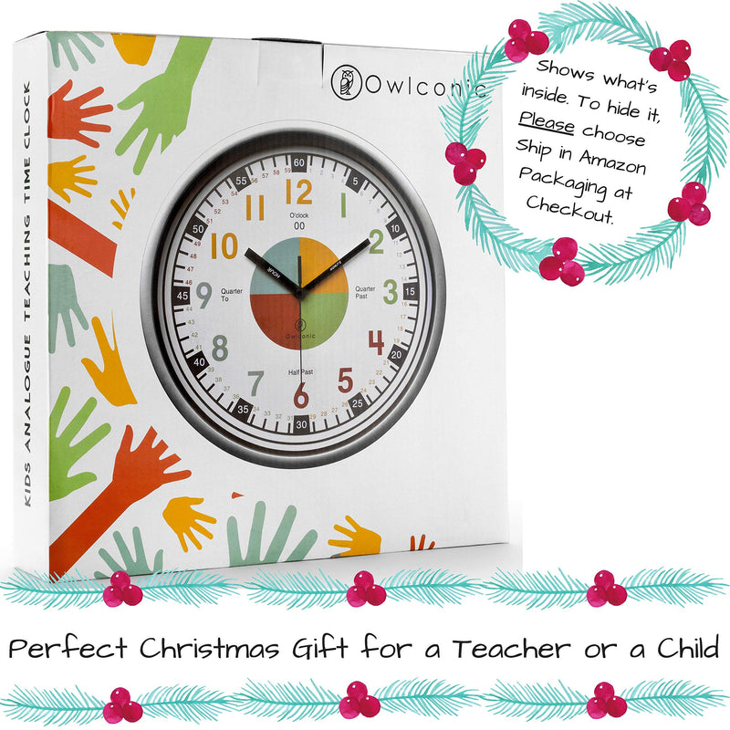  [AUSTRALIA] - Owlconic Telling Time Teaching Clock - Kids Room, Playroom Analog Silent Wall Clock. Visual Learning Clock Time Resource. Perfect Educational Tool for Homeschool, Classroom, Teachers and Parents.