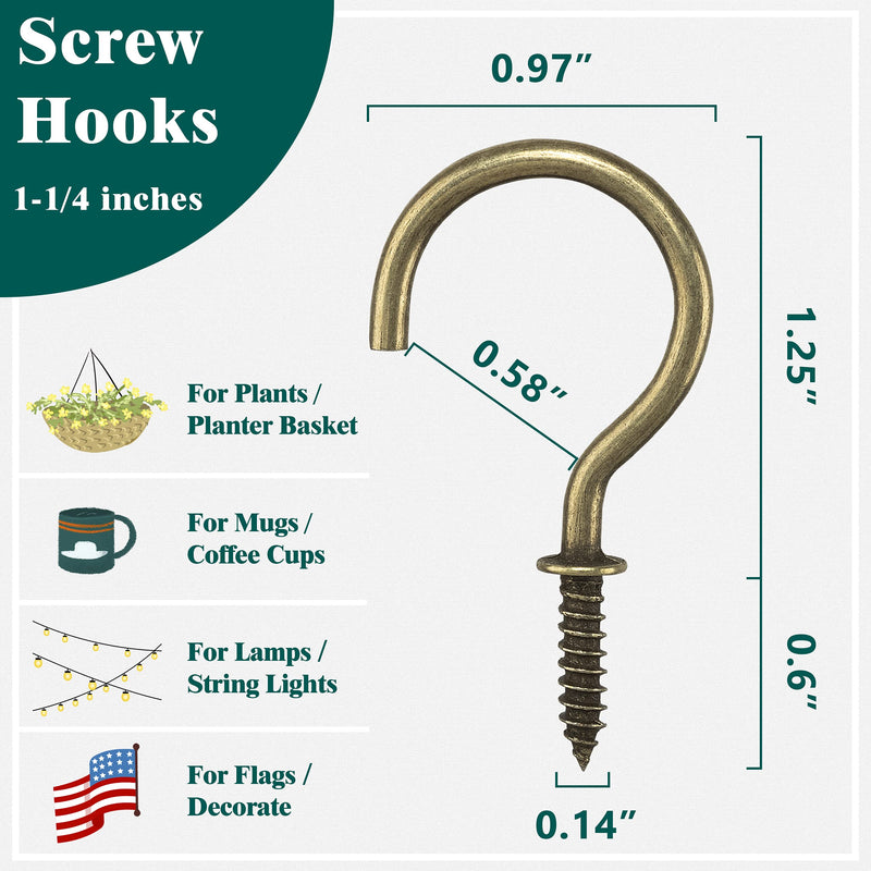  [AUSTRALIA] - 60Pcs Screw-in Cup Hooks Bronze 1-1/4 Inch Metal Screw Ceiling Hooks for Hanging 1-1/4''