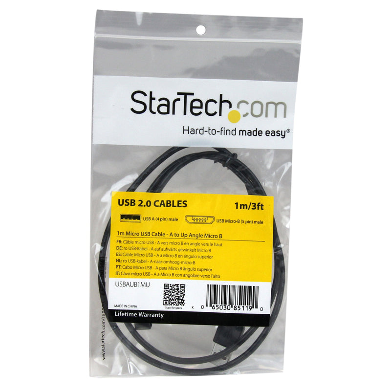  [AUSTRALIA] - StarTech.com 1m Micro USB Cable Cord - A to Up Angle Micro B - Up Angled Micro USB Cable - 1x USB A (M), 1x USB Micro B (M) - Black (USBAUB1MU) 1m / 3 feet