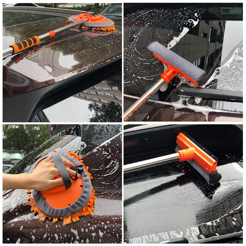AgiiMan Car Wash Brush with Long Handle - 3 in 1 Car Cleaning Mop, Chenille Microfiber Mitt Set, Adjustable Length 24in-43in Glass Scrabber Vehicle Cleaner Kit, Orange - LeoForward Australia
