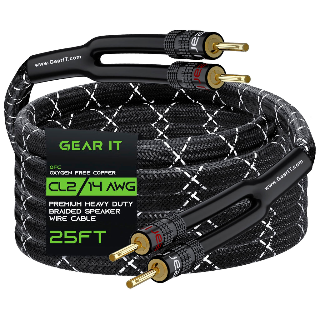  [AUSTRALIA] - GearIT 14AWG Premium Heavy Duty Braided Speaker Wire Cable (25 Feet) Dual Gold Plated Banana Plug Tips - In-Wall CL2 - Oxygen-Free Copper (OFC) Black 25 Feet