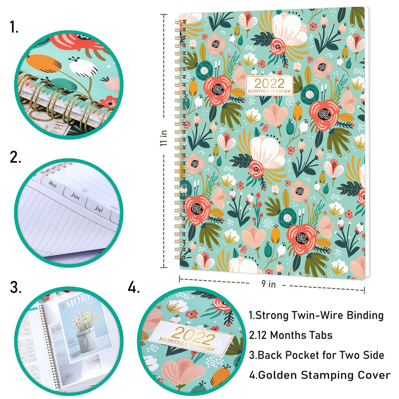  [AUSTRALIA] - Monthly Planner 2022 - 12-Month Planner with Tabs & Pocket, Contacts and Passwords, 8.5" x 11", Thick Paper, Jan. 2022 - Dec. 2022, Twin-Wire Binding - Green and Floral by Artfan