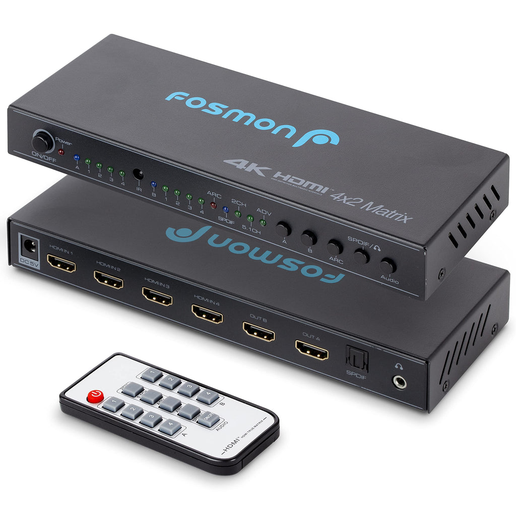  [AUSTRALIA] - Fosmon 4x2 HDMI Matrix Switch, 4 in 2 Out Matrix HDMI Switcher Splitter + SPDIF Optical or 3.5mm Headphone Port Audio Output, Support Ultra HD 4K, Full HD 1080P, 3D, ARC, 4Kx2K with IR Remote Control