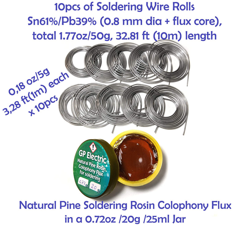  [AUSTRALIA] - Universal Soldering Kit 10pcs Soldering Wire Rolls Sn61/Pb39 50g (0.8 mm dia) with Natural Pine Soldering Rosin Colophony Flux in a 0.72oz/20g/25ml Jar (Solder 50g 61/39 + Pine Resin 20g) Solder 50g 61/39 + Pine Resin 20g