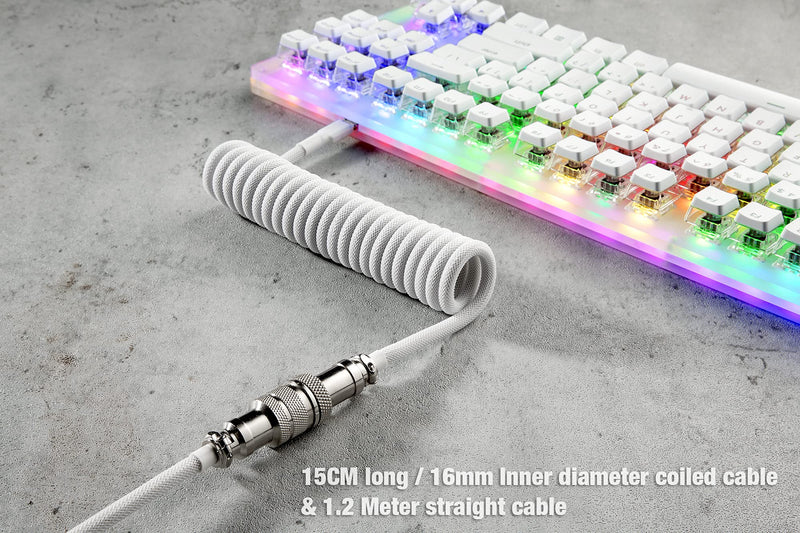  [AUSTRALIA] - GunMjo Pro Custom Coiled USB C Cable for Gaming Keyboard, Double-Sleeved Mechanical Keyboard Cable with Detachable Metal Aviator, 1.5M USB-C to USB-A, White Color