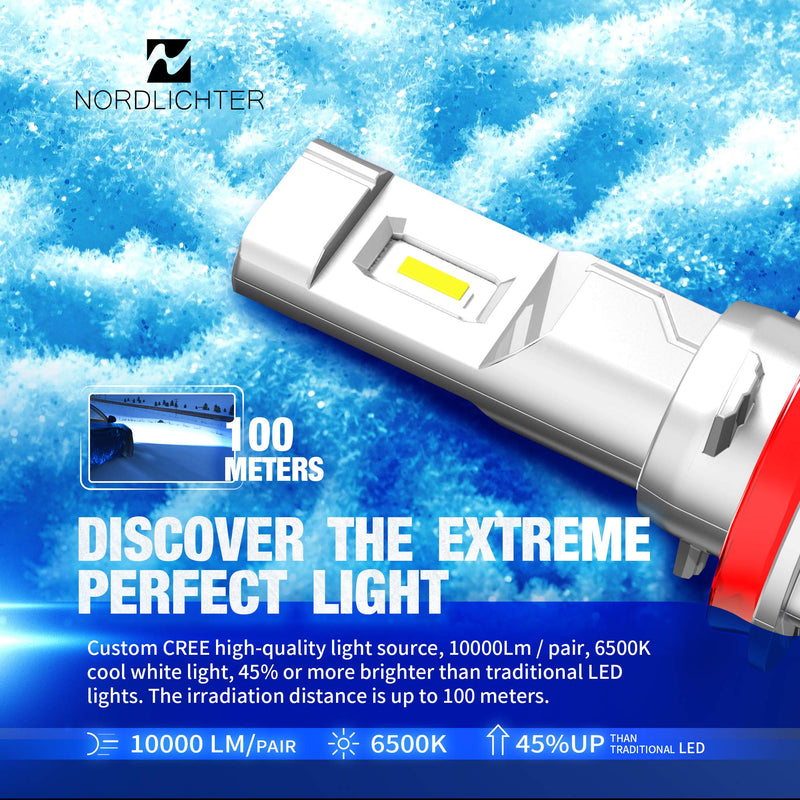 N NORDLICHTER H11 LED Headlight Bulb, Fanless H8 H9 Ultra Bright 10000Lm 6500K Conversion Kit Cool White, Pack of 2 - LeoForward Australia