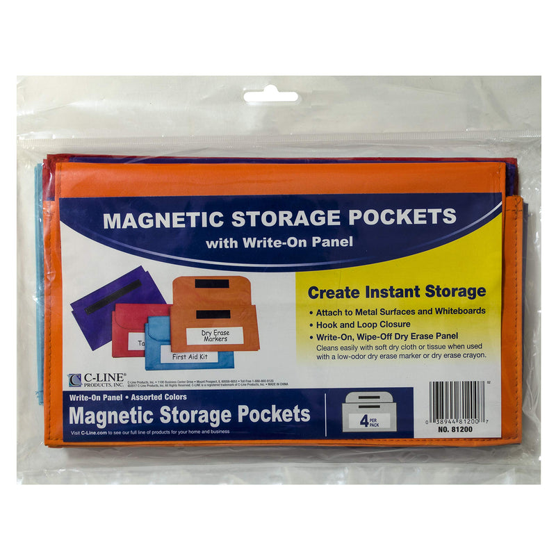  [AUSTRALIA] - C-Line Magnetic Storage Organizer Pocket, 1.5" x 9.8" x 6", Orange, Red, Purple, Turquoise, 4 per Pack 1.5" x 9.8" x 6"