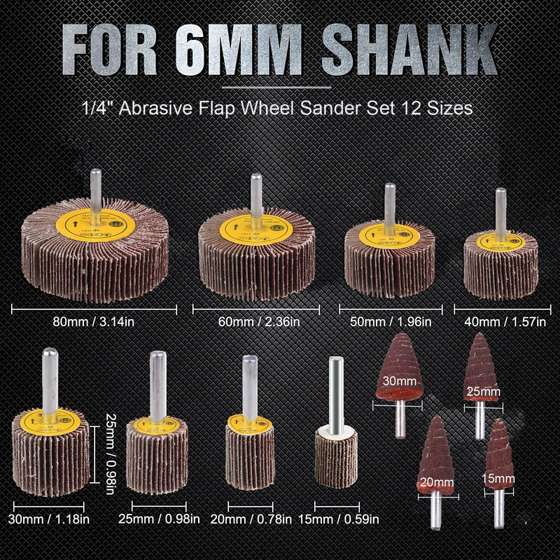  [AUSTRALIA] - 12 Pcs Abrasive Flap Wheel Sander for Drill, WENORA 80 Grit 1/4”Shank Diameter Cone Shape Abrasive Sandpaper Flap Sanding Wheel -12 Sizes