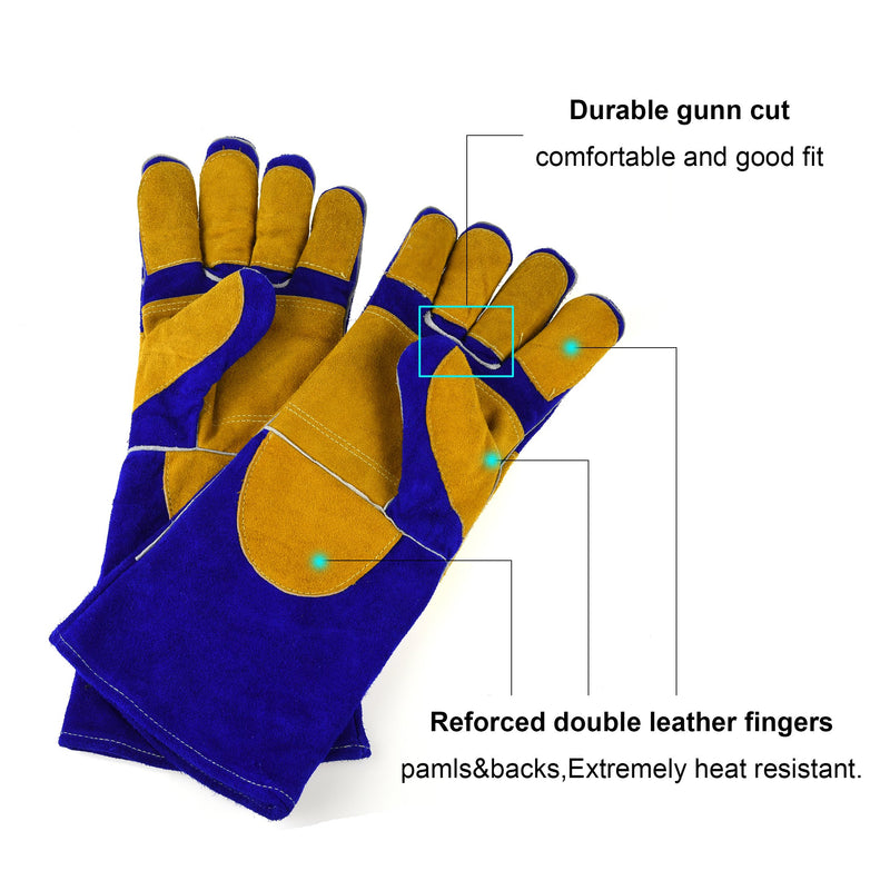  [AUSTRALIA] - NKTM Leather Welding Gloves EXTREME HEAT RESISTANT & WEAR RESISTANT - For Tig Welders/Mig/Fireplace/Stove/BBQ/Gardening, Blue - 16In