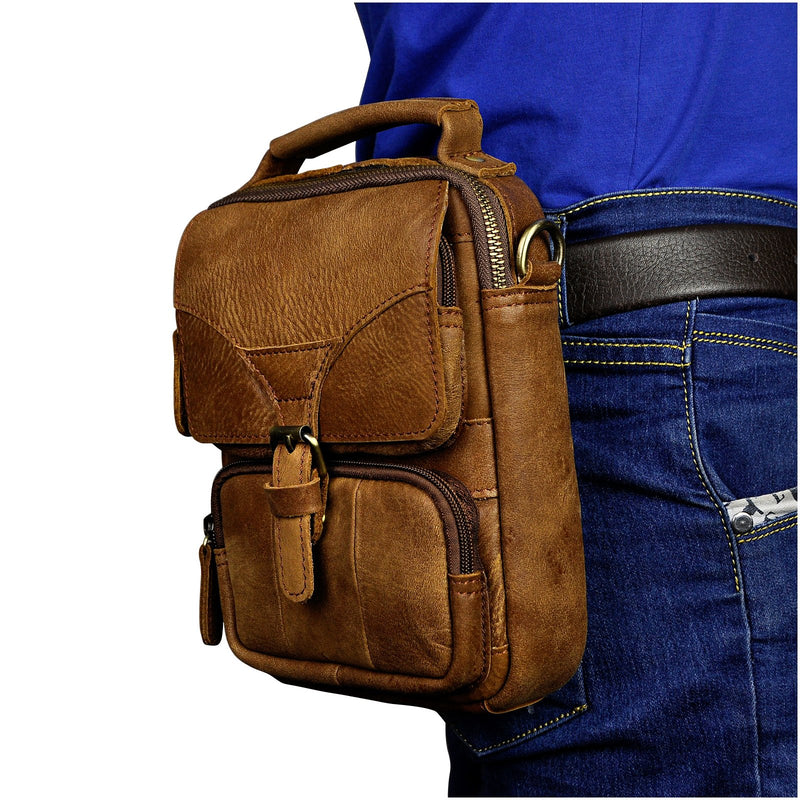 Le'aokuu Men Leather Casual Fashion Messenger Shoulder Bag Fanny Waist Belt Pack Pouch 2074 Brown - LeoForward Australia