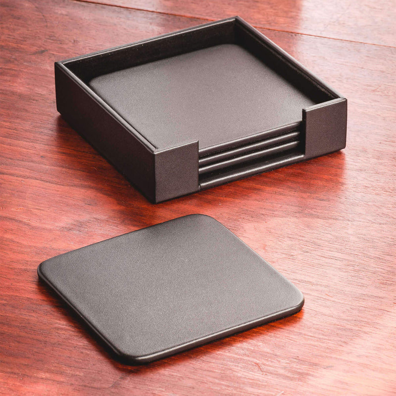  [AUSTRALIA] - Dacasso Black Leatherette 4 Square Holder Coaster Set