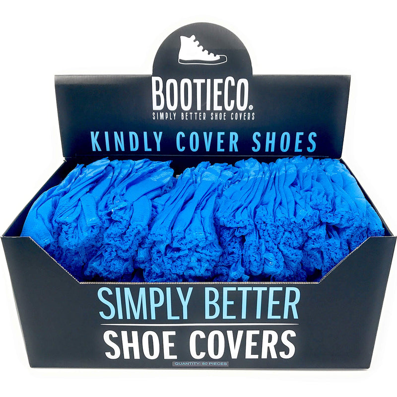  [AUSTRALIA] - BootieCo. Premium Grade Disposable Shoe Covers, 80 ct. (40 pair) Elastic Bottom & Top, Dispenser Box, Heavy Duty, Thicker, Stronger, Dark Blue Booties 100% Virgin Material, Fits Most