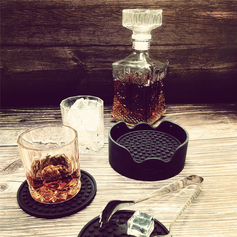  [AUSTRALIA] - ENKORE Coasters For Drinks - Set of 6 with Holder, Black - Protect Furniture From Water Marks or Damage - Deep Tray and Rim Catch Cold Drink Sweat Without Spill, Large 4.3 Inch Size Fit All Cups