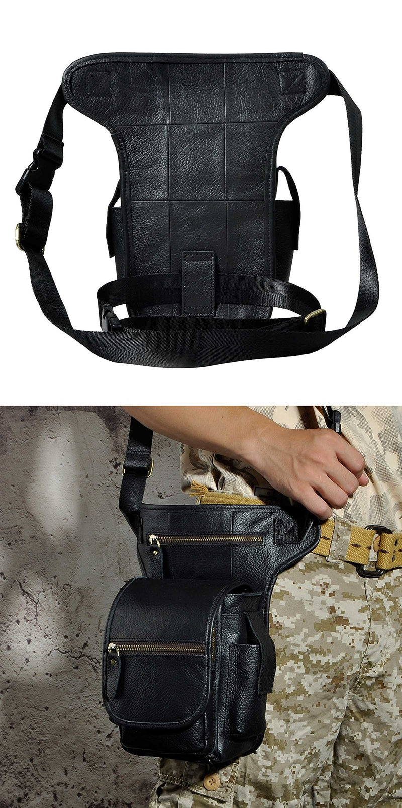 Le'aokuu Mens Genuine Leather Climbing Cycling Belt Waist Bag Hip Bum Fanny Pack Drop Leg Bag 3110 (3110 The Black) 3110 The Black - LeoForward Australia