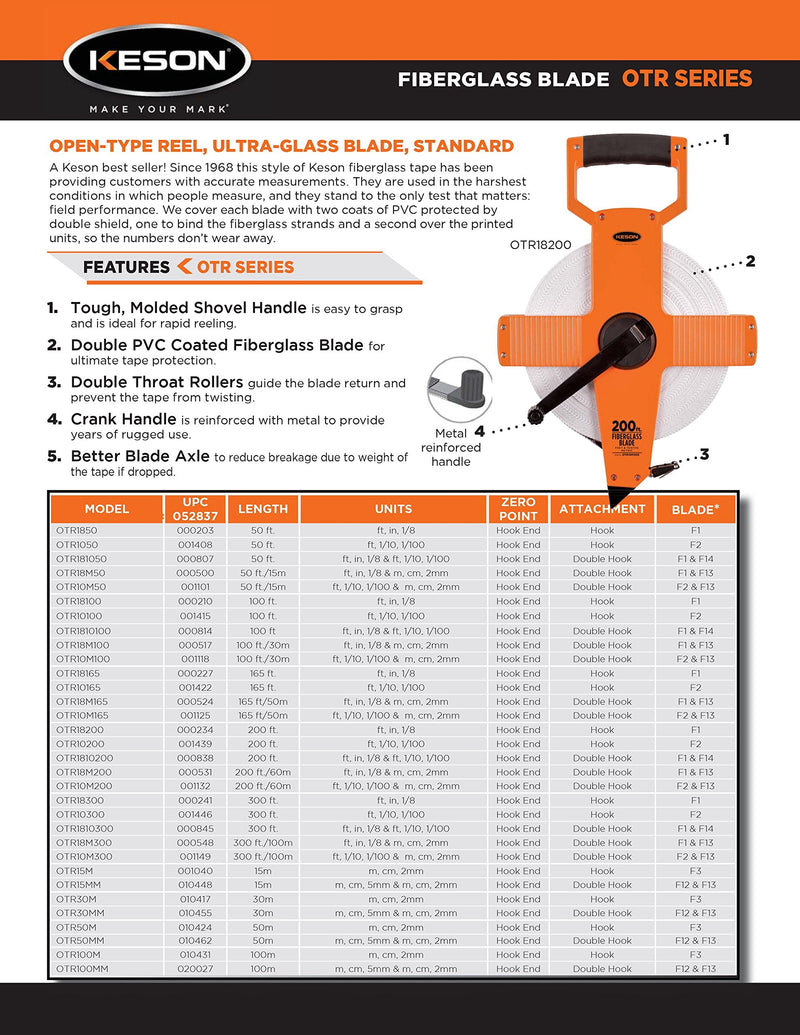  [AUSTRALIA] - Keson OTR18M50 Open Reel Fiberglass Tape Measure Reel with Double Hook (Graduations: ft, in, 1/8 & m, cm, 2mm), 15M/50-Foot 50 ft./15m Length Units: ft, in, 1/8 & m, cm, 2mm; Double Hook Attachment; Blade: F1 & F13