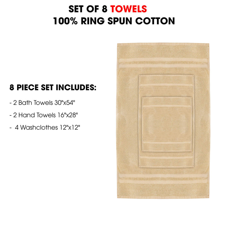  [AUSTRALIA] - Talvania Bath Towel Set - Luxury Hotel Bath Towels 100% Ring Spun Cotton 8 Piece Towel Set; 2 Bath Towels, 2 Hand Towels and 4 Washcloths Perfect for Bathrooms, Guest Room, Spa or Hotels (Beige) Beige