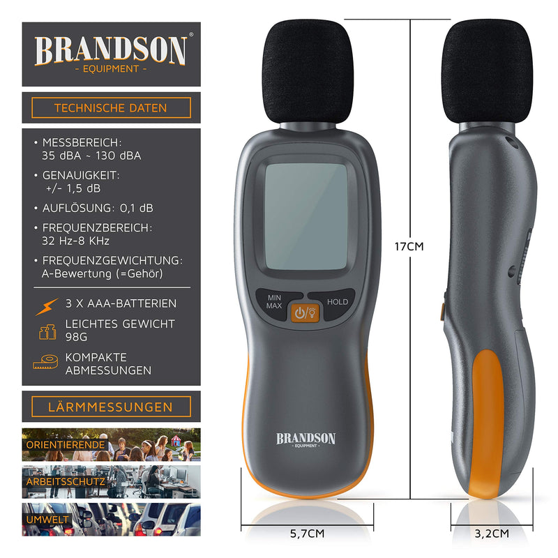  [AUSTRALIA] - Brandson - digital sound level meter - volume meter - sound level meter - digital sound meter - pre-calibrated - 35 dB(A) to 130 dB(A) - wind protection - LCD display
