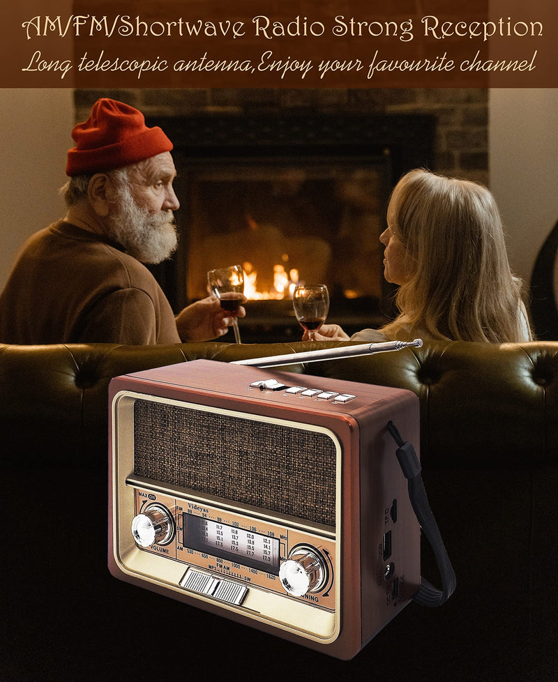  [AUSTRALIA] - Videyas Portable Shortwave Retro Radio, AM FM Vintage Radio with Bluetooth Speaker, Best Reception, Rechargeable Battery, Flashlight, AUX TF USB Disk for Kitchen Gift Outdoor