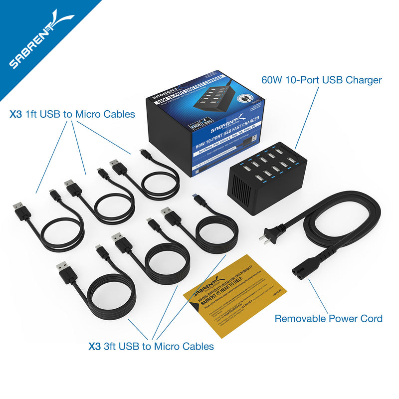 Sabrent 60 Watt (12 Amp) 10-Port Family-Sized Desktop USB Rapid Charger. 6 Micro USB Cables [X3-3foot. and X3-1foot] Black (AX-TU63) - LeoForward Australia