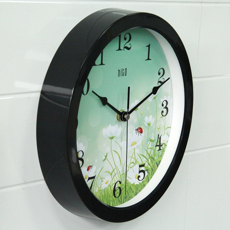 hito Silent Floral Wall Clock Non Ticking 10 inch Excellent Accurate Sweep Movement Glass Cover, Decorative for Kitchen, Living Room, Bathroom, Bedroom, Office (Ladybugs Black) - LeoForward Australia