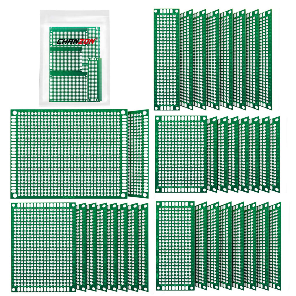  [AUSTRALIA] - Chanzon 34 Pcs Double Sided PCB Board Tinned Through Holes (5 Sizes 2X8 3X7 4X6 5X7 7x9) Prototype Kit FR4 Printed Universal Circuit Perfboard for DIY Soldering Project Compatible with Arduino Kits 1) 34pcs Kit