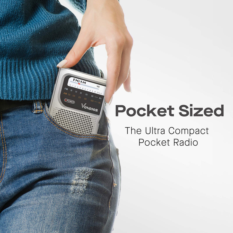  [AUSTRALIA] - AM FM Battery Operated Portable Pocket Radio - Best Reception and Longest Lasting. AM FM Compact Transistor Radios Player Operated by 2 AA Battery, Mono Headphone Socket, by Vondior (Silver) Silver