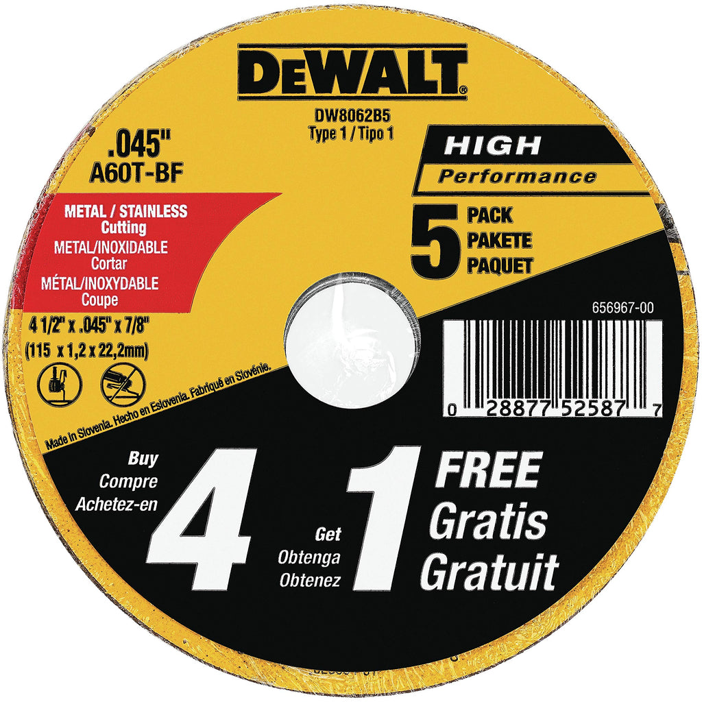  [AUSTRALIA] - DEWALT Cutting Wheel, General Purpose Metal Cutting, 4-1/2-Inch, 5-Pack (DW8062B5)