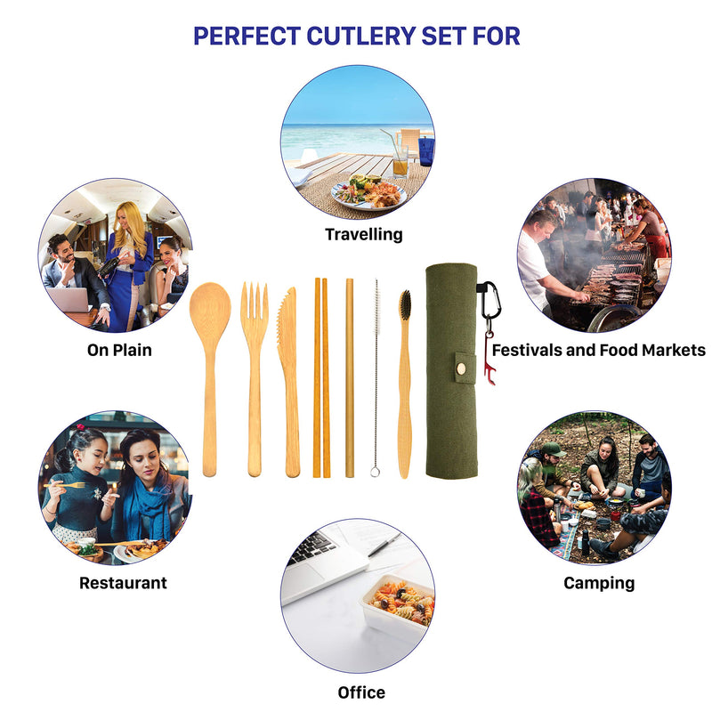  [AUSTRALIA] - Bamboo Utensils Cutlery Set BEWBOW – Reusable Cutlery Travel Set – Eco-Friendly Wooden Silverware for Kids & Adults – Outdoor Portable Utensils with Case – Bamboo Spoon, Fork, Knife, Brush, Chopsticks