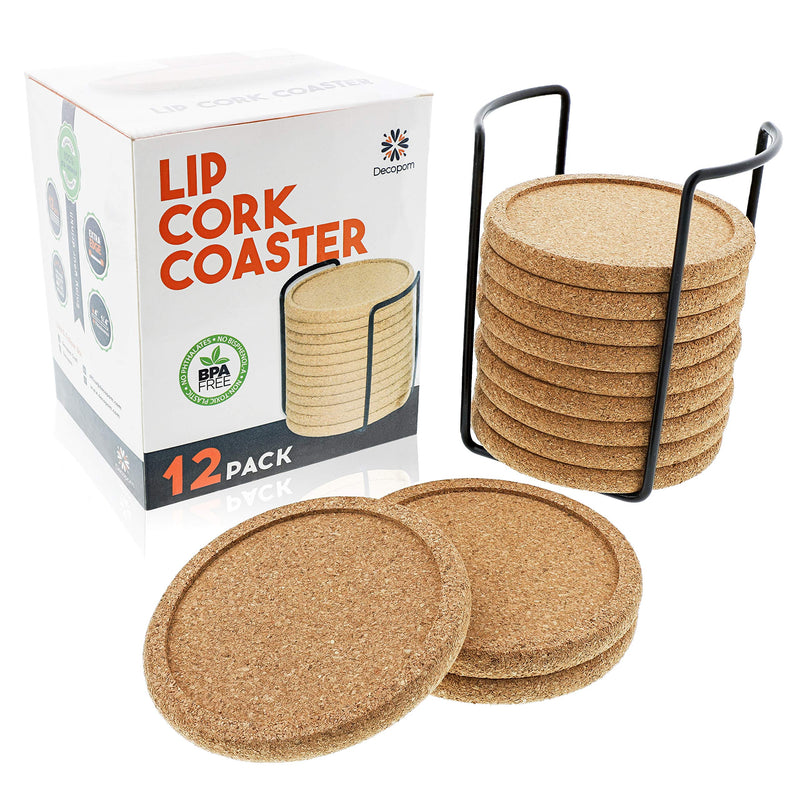  [AUSTRALIA] - Cork Coasters with Lip for Drinks Absorbent | 12 Set 4 Inch Thick Rustic Saucer with Metal Holder Heat & Water Resistant | Best Reusable Natural Round Coasters for Bar Glass Cup Table