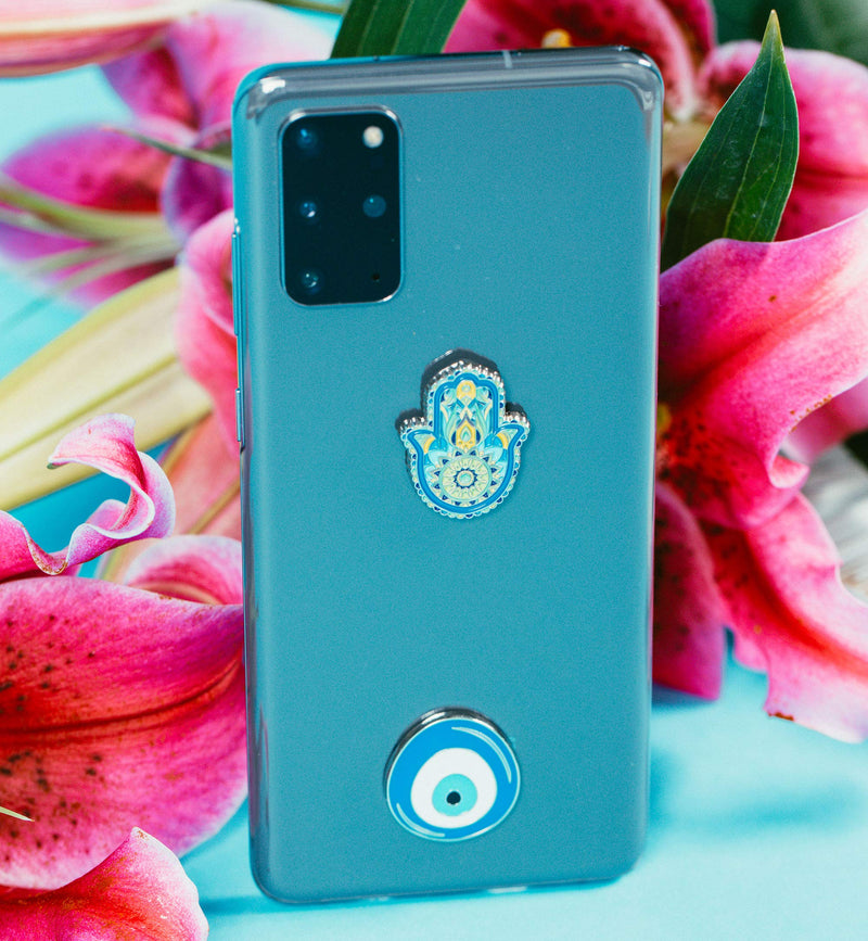  [AUSTRALIA] - Blue Evil Eye and Hamsa Metal Sticker Charms Set of 2. Decoration for Phone Cases, Laptops Car Interiors. Reusable and Easily Removable. Universal Spiritual Symbols of Protection Blue Evil Eye and Hamsa