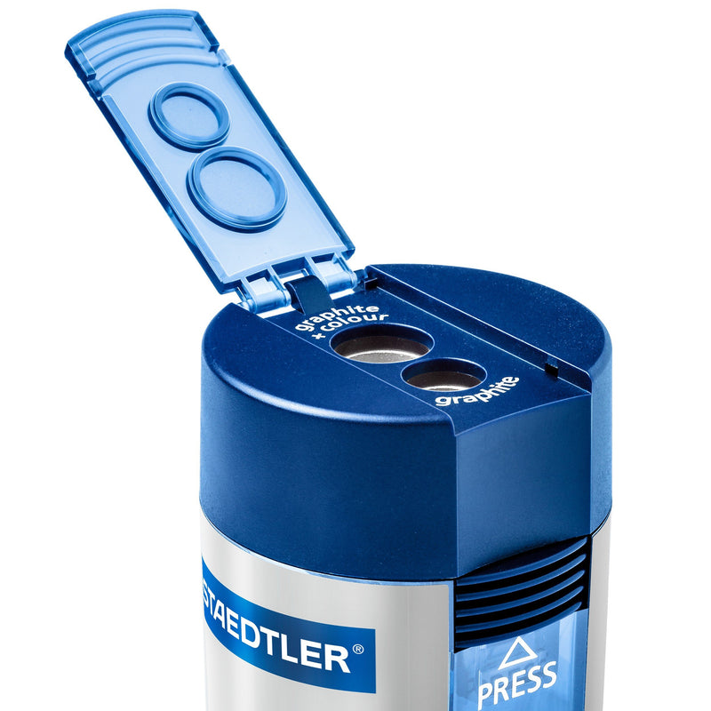 Staedtler 512 001 ST Double-hole Tub Pencil Sharpener 1-2/3 L x 2-1/4 W x 1-2/3 H in Silver/Blue - LeoForward Australia