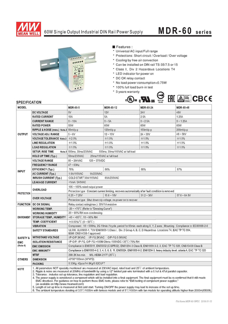 MEAN WELL MDR-60-5 AC to DC DIN-Rail Power Supply 5V 10 Amp 50W 1 - LeoForward Australia