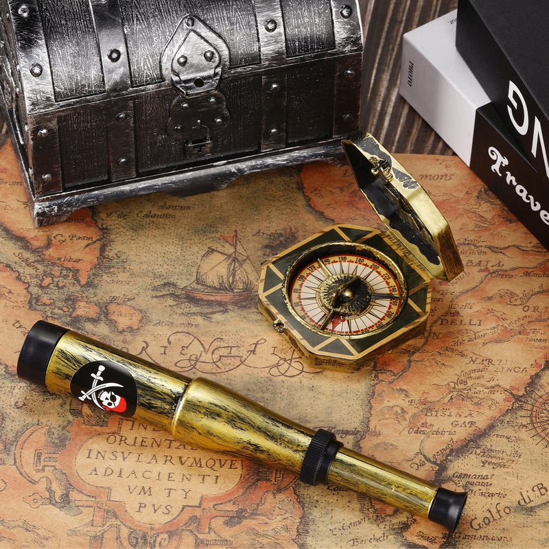  [AUSTRALIA] - 2 Pieces Pirate Compass Toy Pirate Theme Party Supply Antique Captain Compass Toy Retro Telescope Toy Pirate Telescope and Compass Treasure Play for Pirate Cosplay Party Decor, Party Favors