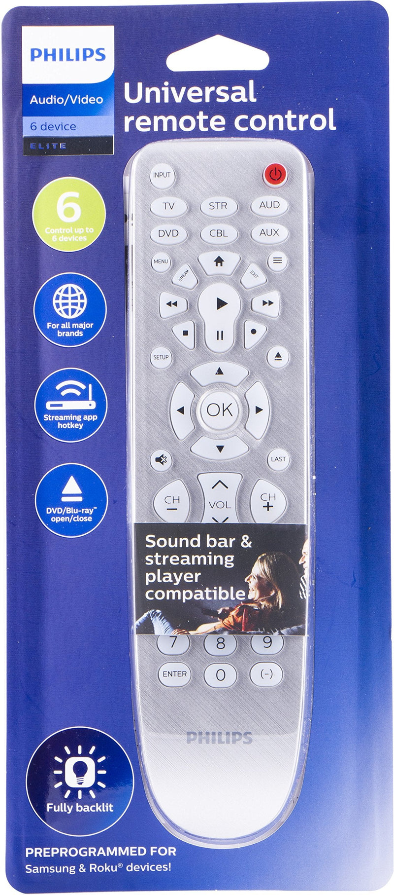  [AUSTRALIA] - Backlit Universal Remote Control by Philips, Works for Samsung, Vizio, TCL, HiSense, Sony, RCA, Panasonic, Roku, Apple TV, Smart TVs, Streaming Players, Blu-Ray, DVD, 6-Device, Silver, SRP3016S/27 6-Device Silver