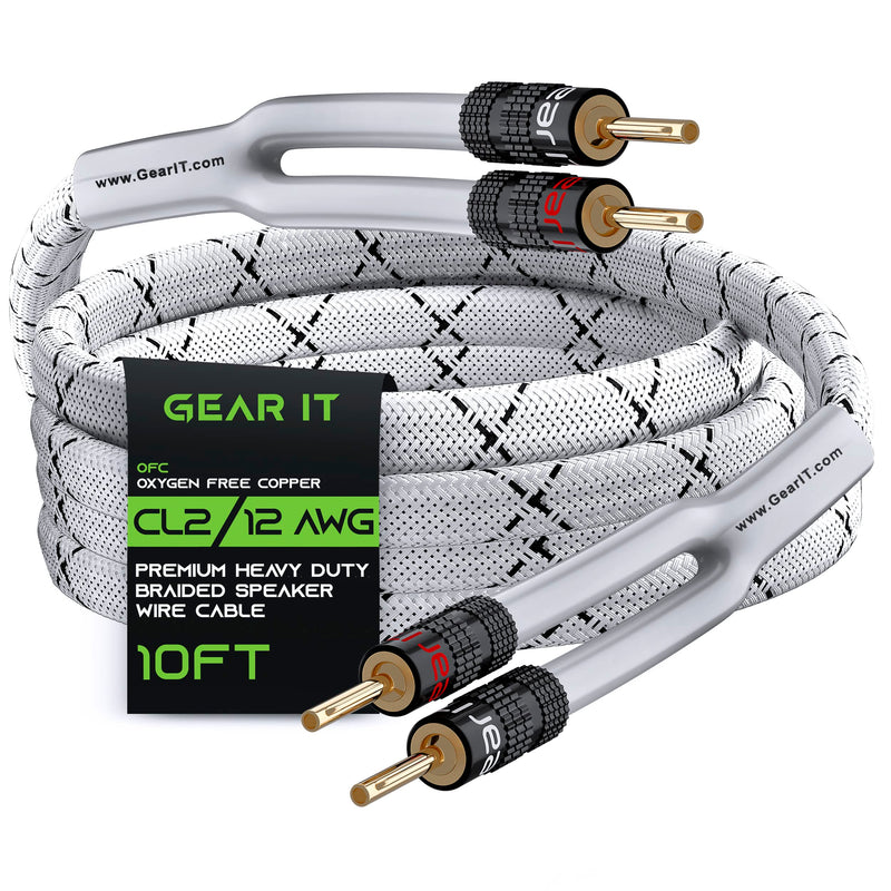  [AUSTRALIA] - GearIT 12AWG Premium Heavy Duty Braided Speaker Wire Cable (10 Feet) Dual Gold Plated Banana Plug Tips - in-Wall CL2 - Oxygen-Free Copper (OFC) White 10 Feet