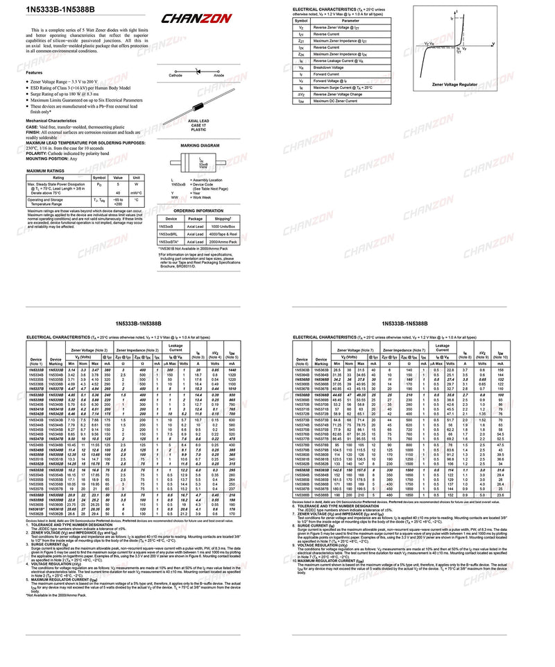  [AUSTRALIA] - (Pack of 20 Pieces) Chanzon 1N5349B 1N5349 Power Zener Diode 5W 12V T-18 (CASE17-02) Axial Diodes 5 Watt 12 Volt