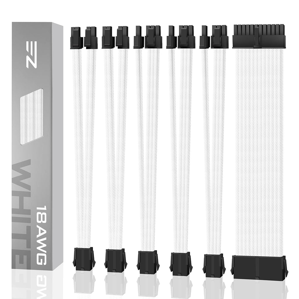 [AUSTRALIA] - EZDIY-FAB PSU Cable Extension Sleeved Custom Mod GPU PC Power Supply Soft Nylon Braided with Comb Kit 24PIN/3x 8PIN to 6+2Pin/ 2X 8PIN to 4+4PIN-300MM/11.8in - White