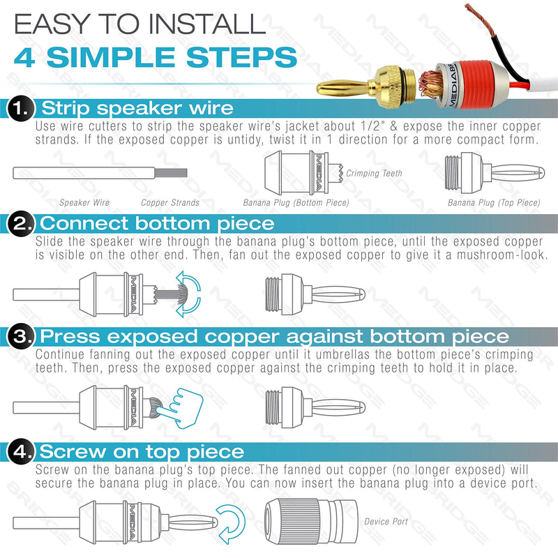  [AUSTRALIA] - Mediabridge Banana Plugs - Corrosion-Resistant 24K Gold-Plated Connectors - 12 Pair/24 Banana Plugs (Part# SPC-BP2-12)