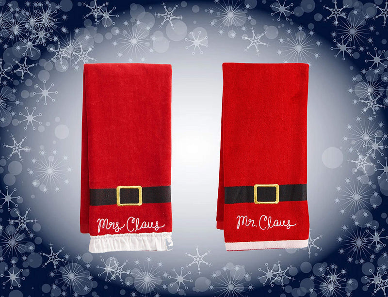  [AUSTRALIA] - St. Nicholas Square Christmas Towels, Red Bath Hand Towel Set of 2, Mr. & Mrs. Claus with Santa Belt Decorative Design 25 x 16 Inches Bathroom Decorating for The Holidays