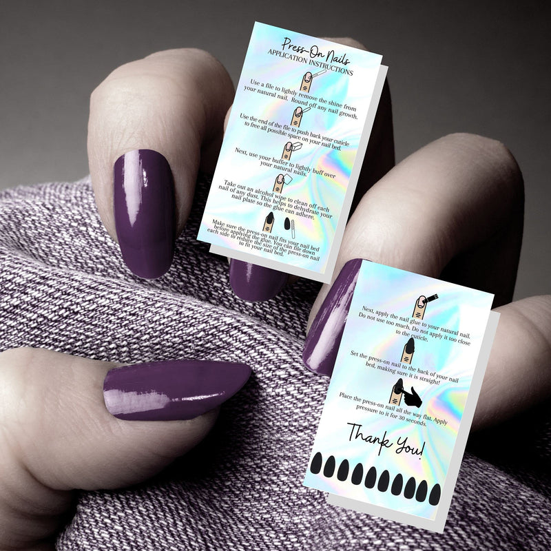  [AUSTRALIA] - Press-On Nail Application Instructions Cards | 50 Pack | 2x3.5" inch Business Card Size | DIY Press-On Nail Kit | Non-Reflective Matte Holographic Look Design
