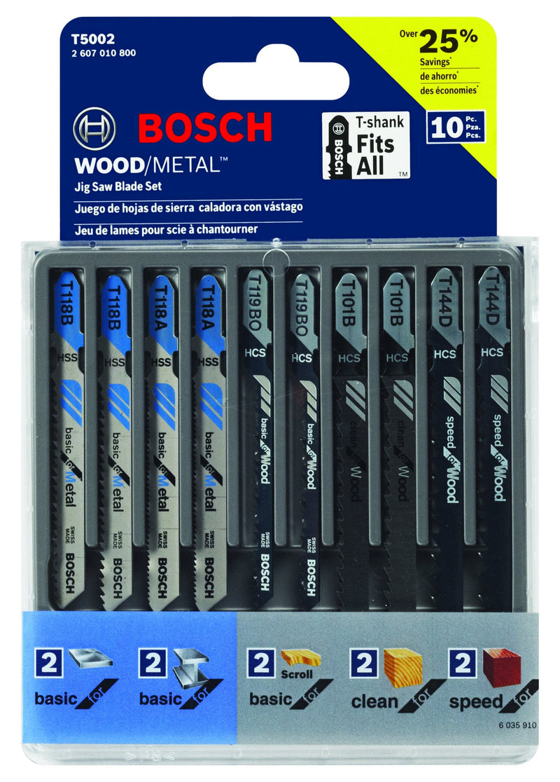  [AUSTRALIA] - BOSCH T5002 T-Shank Multi-Purpose Jigsaw Blades, 10 Piece, Assorted, Jig Saw Blade Set for Cutting Wood and Metal 10-Pack