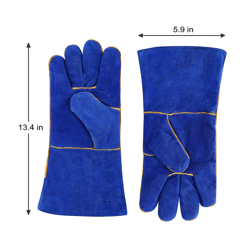  [AUSTRALIA] - DEKO Welding Gloves 14 inch Leather Forge Heat Resistant Welding Glove for Mig, Tig Welder, BBQ, Furnace, Camping, Stove, Fireplace and More (Blue)