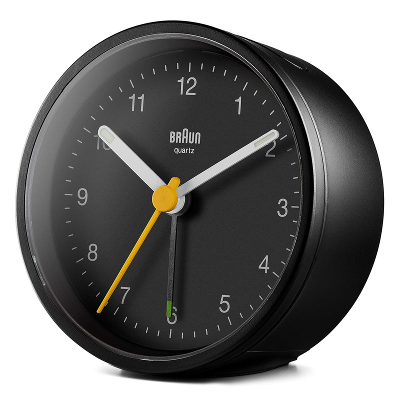  [AUSTRALIA] - Braun Classic Analogue Alarm Clock with Snooze and Light, Quiet Quartz Movement, Crescendo Beep Alarm in Black, Model BC12B.