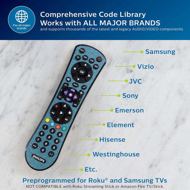 Philips Accessories Universal Remote Control for Samsung, Vizio, LG, Sony, Sharp, Roku, Apple TV, TCL, Panasonic, Smart TVs, Streaming Players, Blu-ray, DVD, 4 Device, Teal, SRP4320T/27 - LeoForward Australia