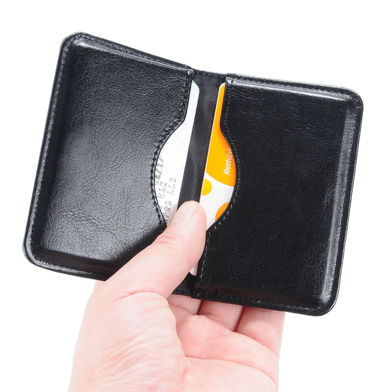 Business Card Holder, Wisdompro 2-Sided PU Leather Folio Name Card Holder Wallet Case with Magnetic Shut for Men and Women, Ultra Slim and Thin - Black - LeoForward Australia