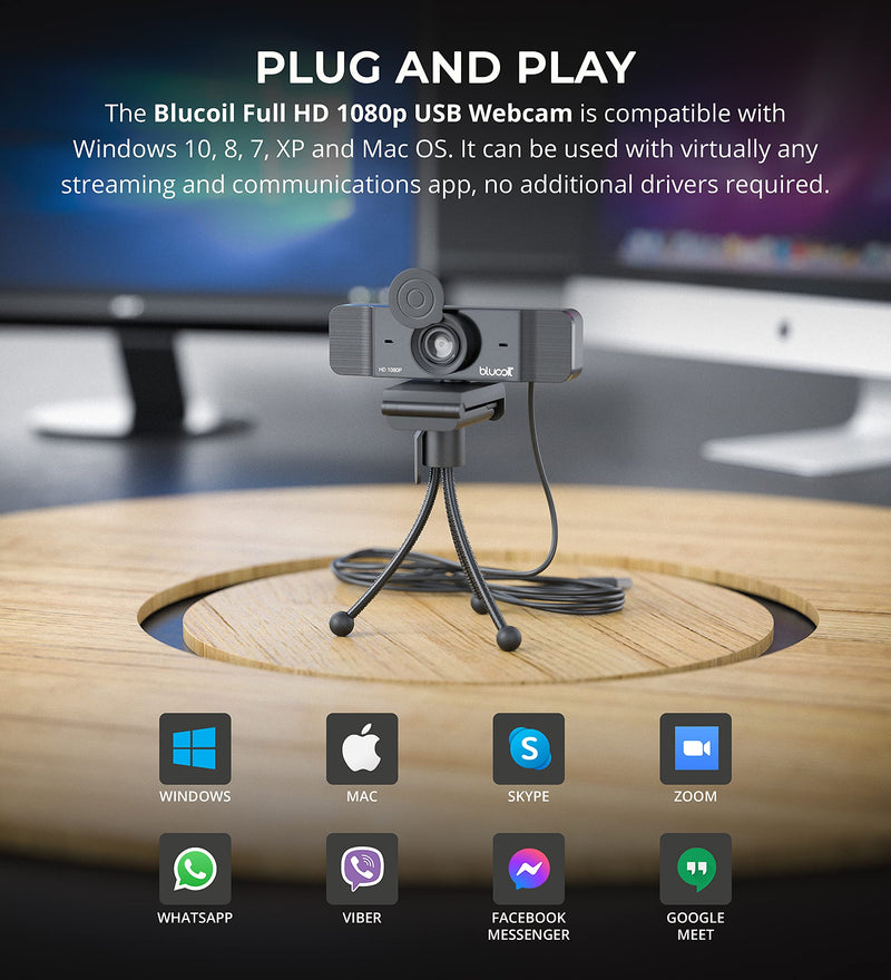  [AUSTRALIA] - Blucoil Full HD 1080p USB Webcam with Built-in Microphone, Low Light Correction, Wide Angle, Lens Cover and Tripod - for Desktop, Laptop, Windows, Mac, Video Conferencing, Live Streaming, and Gaming